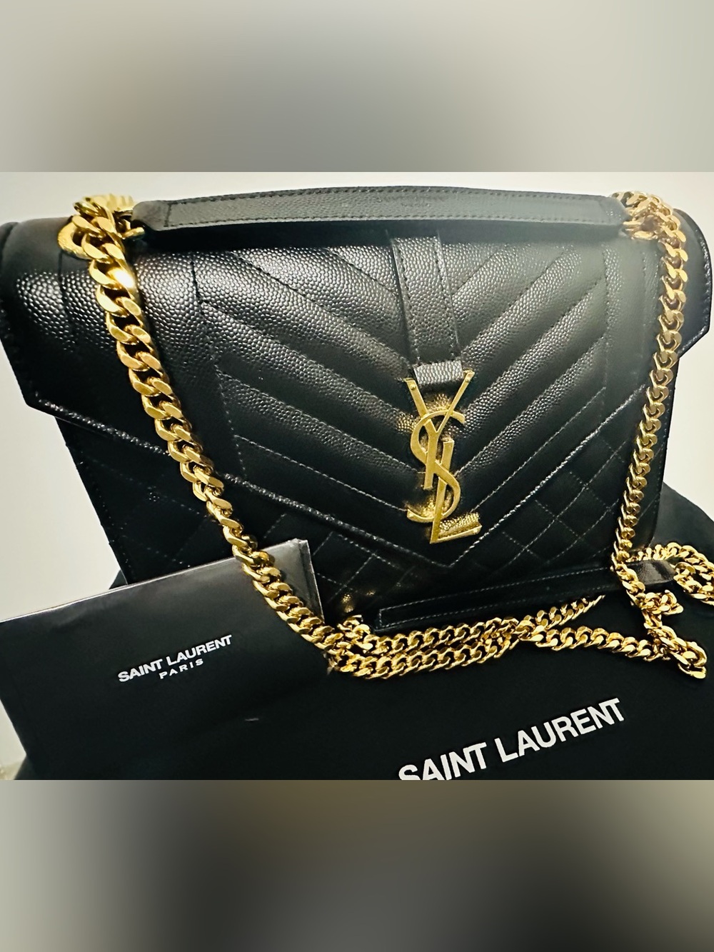 Saint Laurent Black Quilted Envelope Shoulder Bag with Gold YSL Hardware
